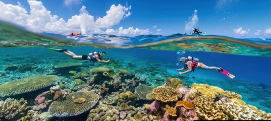Two people leisurely swim in crystal clear water over a vibrant coral reef