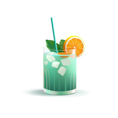 Cocktail with ice and orange, 3D. Realistic image of a summer refreshing drink in a glass. For concepts of relaxation and enjoyment. Vector