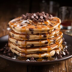 pouring of honey pancakes with chocolate chips on it