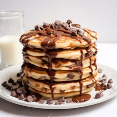 stack of pancakes with chocolate and milk glass