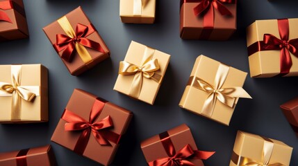 gift boxes with ribbon from top view.