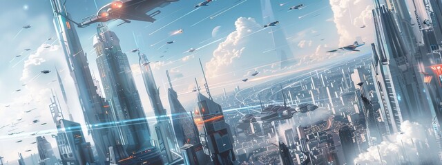A futuristic cityscape with sleek skyscrapers and flying cars zooming by.