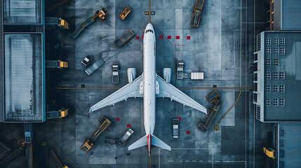 Top view on commercial airplane docking in terminal. The airplane waiting for services maintenance, Refilling fuel services