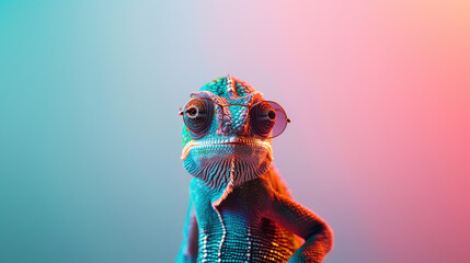 A chameleon with glasses on its face