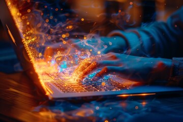 A person is typing on a laptop with a blue and orange background