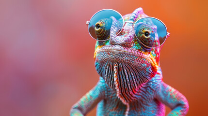A colorful lizard with sunglasses on its face