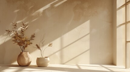 3d render of a still life with two vases and dry plants in front of a beige concrete wall with shadows