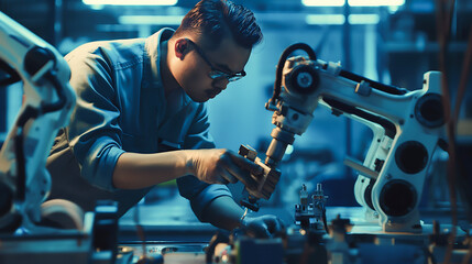 A man industry engineer working with robot arm at high-tech factory. Technician working with robot arm at futuristic industrial. Modern technology, High-tech factory
