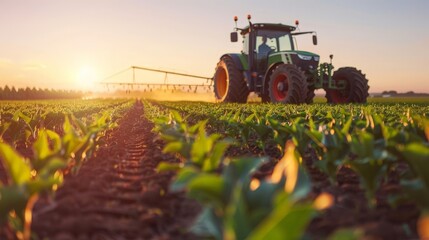 A green tractor spraying pesticides in a field of soybeans at sunset. - obrazy, fototapety, plakaty