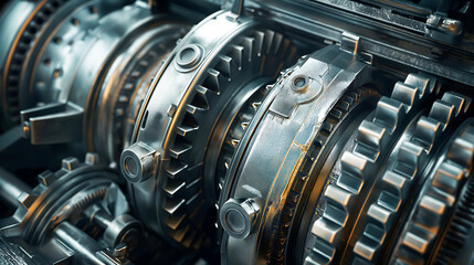 Close up engine gear wheels, Shiny silver metallic engine gear wheels
