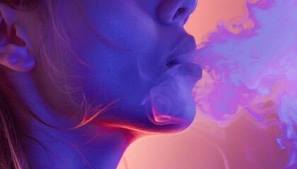 A woman exhales a cloud of purple smoke resembling a jellyfish