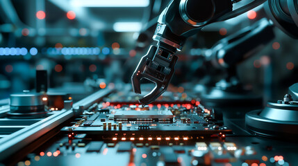Artificial intelligence for industrial revolution and automation manufacturing. Robot arm inside electronics factory, Component installation on circuit board
