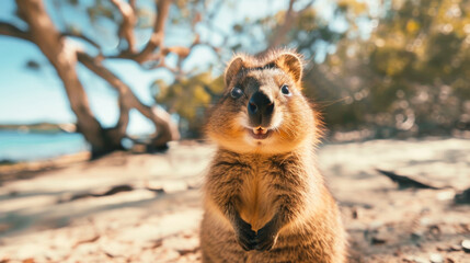 Cute animal quokka on the sandy beach close-up looking at the camera