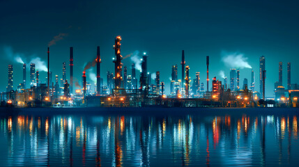 Naklejka premium Aerial view of chemical oil refinery plant at night scene. Oil refinery plant of petrochemistry industry