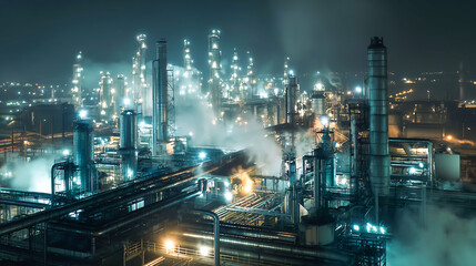 Aerial view of chemical oil refinery plant at night scene. Oil refinery plant of petrochemistry industry
