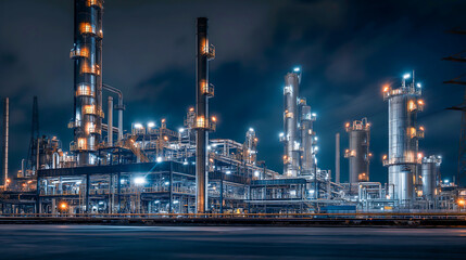 Aerial view of chemical oil refinery plant at night scene. Oil refinery plant of petrochemistry industry