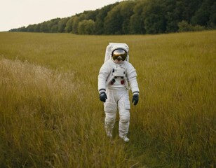 An astronaut in a white suit and a closed helmet walks along the grass to a meeting - Powered by Adobe