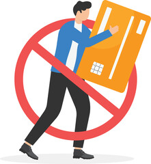 Thief steals credit card. Scammer or hacker stealing money. Prohibition sign. Stop scam and corruption. Concept of financial crimes, cyber attack, internet fraud. Flat vector illustration

