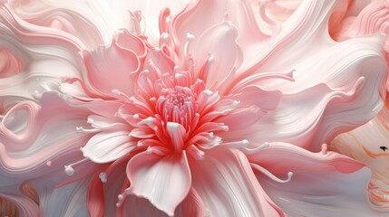 Creative 3D artwork depicting the fusion of pink and white liquids, resembling a blooming flower