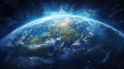 Obraz premium Dramatic top view of Earth from space, showing vibrant blue oceans and swirling clouds over continents