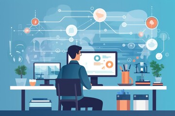 E-learning setup with a student using a computer to participate in a virtual science lab experiment