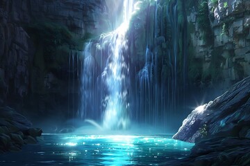 A majestic waterfall cascading into an otherworldly glowing pool - Powered by Adobe