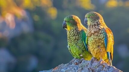   Two parrots, one green and the other yellow, perch atop a rock against a hazy backdrop of trees - Powered by Adobe