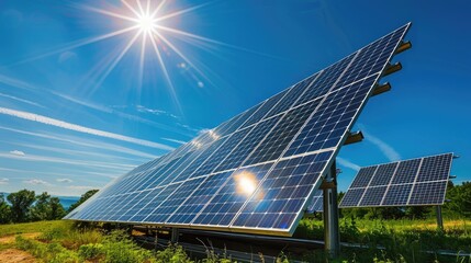 A vast solar power station with rows of blue panels gleams in the sunlight