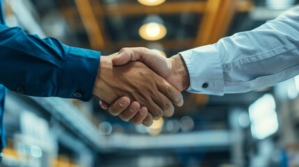 Engineer shaking hands with project manager in modern industrial factory, talking about new production project. Team management in manufacturing facility. 