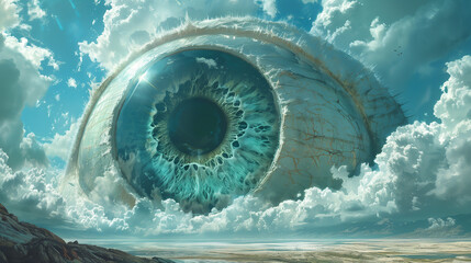 Giant surreal eye integrated into a cloud-filled landscape.