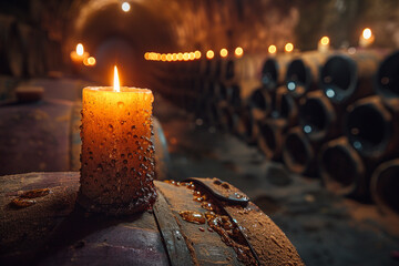 A candle burning in a dimly lit wine cellar, its flame reflected in rows of dusty bottles. - Powered by Adobe