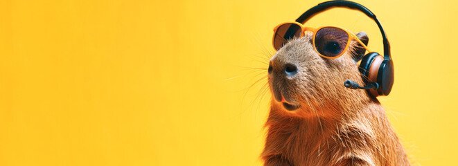 Portrait of a happy cool capybara in sunglasses and headphones on an isolated yellow banner background.