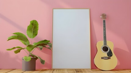 Table with guitar near light wall in room in pink wall, Vertical white poster Frame Mockup standing on floor with guitar near pink coral wall, 3d rendering Ai generated 