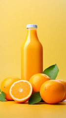 Orange juice bottle and oranges