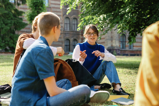 University lawn study group discussion sunny day