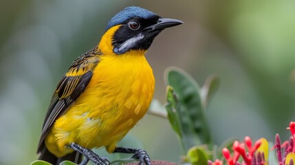 Naklejka premium A yellow-blue bird atop a green-red flowered plant Background softly blurred