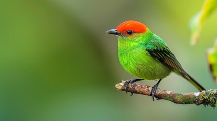Fototapeta premium A vibrant bird sits atop a tree branch, surrounded by green foliage; the background subtly blurred