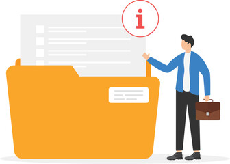 User guide, customer experience concept. Product guides and instructions, how to use, company . user with hand holds folder with documents, icon information, email, check list


