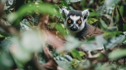   A tight shot of a ring-tailed lemur gazing at the camera, framed by green plant leaves
