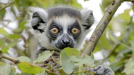 Fototapeta premium A tight shot of a monkey on a tree limb, exhibiting astonishment through its expressive face and wide-eyed gaze