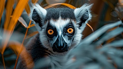  A tight shot of a ring-tailed lemur gazing at the camera with orange eyes - obrazy, fototapety, plakaty