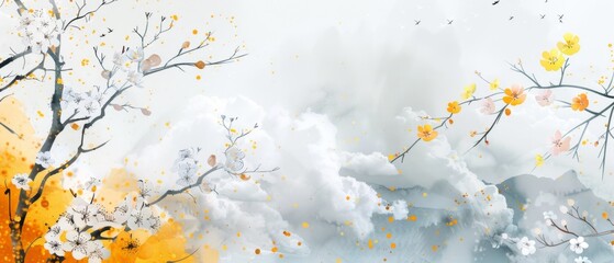 White clouds, golden sky, white and yellow flowers, light grey background Generative AI