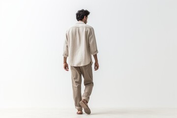 A man wearing a white shirt and khaki pants walks across a white background