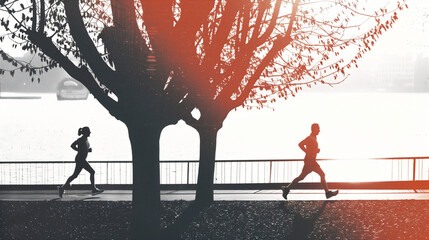 Serene Riverside Run: Silhouettes of Joggers Against a Warm Sunset Glow by the Waterfront