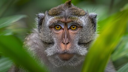   A tight shot of a monkey's face with a green leaf near, background softly blurred