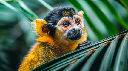   A tight shot of a monkey in a tree, surrounded by leaves in the foreground and lush green foliage in the background