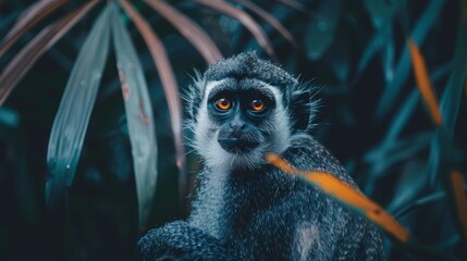 Obraz premium A tight shot of a monkey on a tree branch, surrounded by an out-of-focus backdrop of leaves A plant is distinctly visible in the foreground