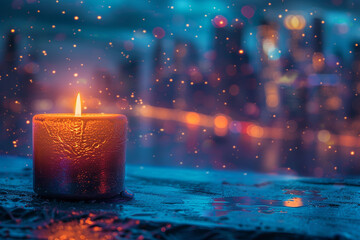 A candle perched on a ledge overlooking a city skyline, its light blending with the twinkling stars above.