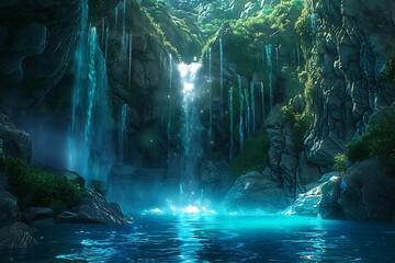 A majestic waterfall cascading into an otherworldly glowing pool