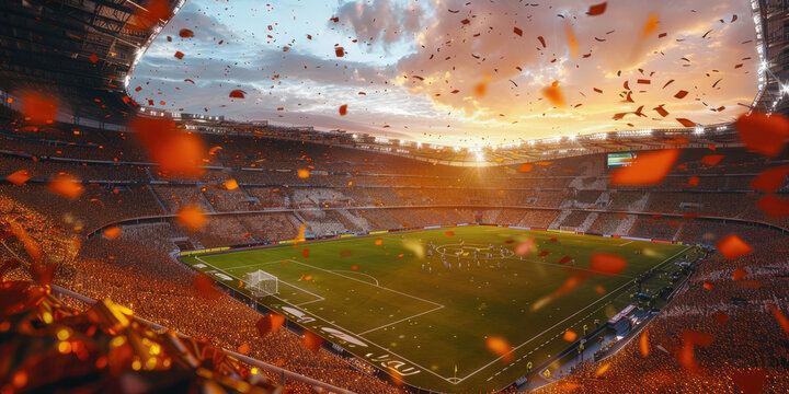 A stadium full of people with a large amount of confetti falling from the sky